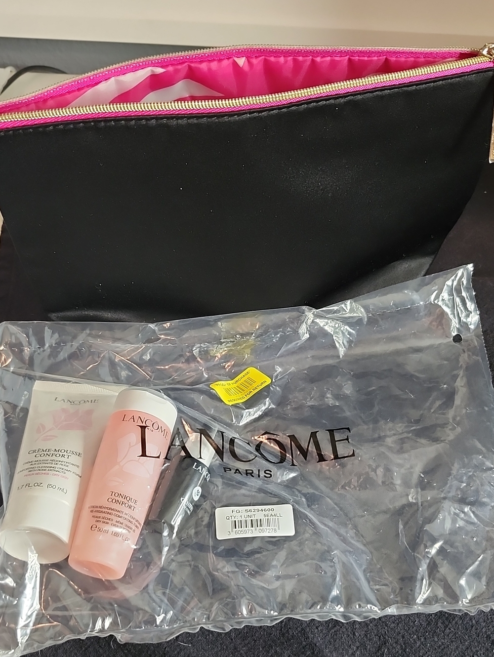 NWT Lancome Black Satin Cosmetic Bag with Hot Pink Lining and Cleansing Creams